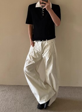 美式复古白色弯刀牛仔裤男夏季高街cleanfit宽松阔腿直筒拖地长裤