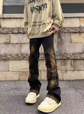 街头美式刷漆做旧磨破牛仔裤男女高街复古嘻哈宽松显瘦微喇长裤潮