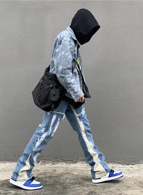 vibe美式街头复古水洗泼墨拼接牛仔裤男女高街直筒宽松微喇叭裤潮