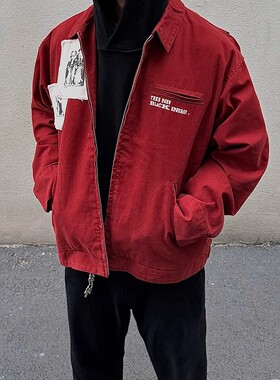 美式cleanfit复古贴布翻领红色夹克男秋冬季短款开衫长袖宽松外套