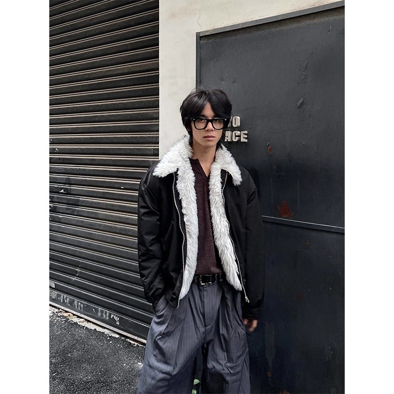 美式复古狼王座山雕毛领棉衣