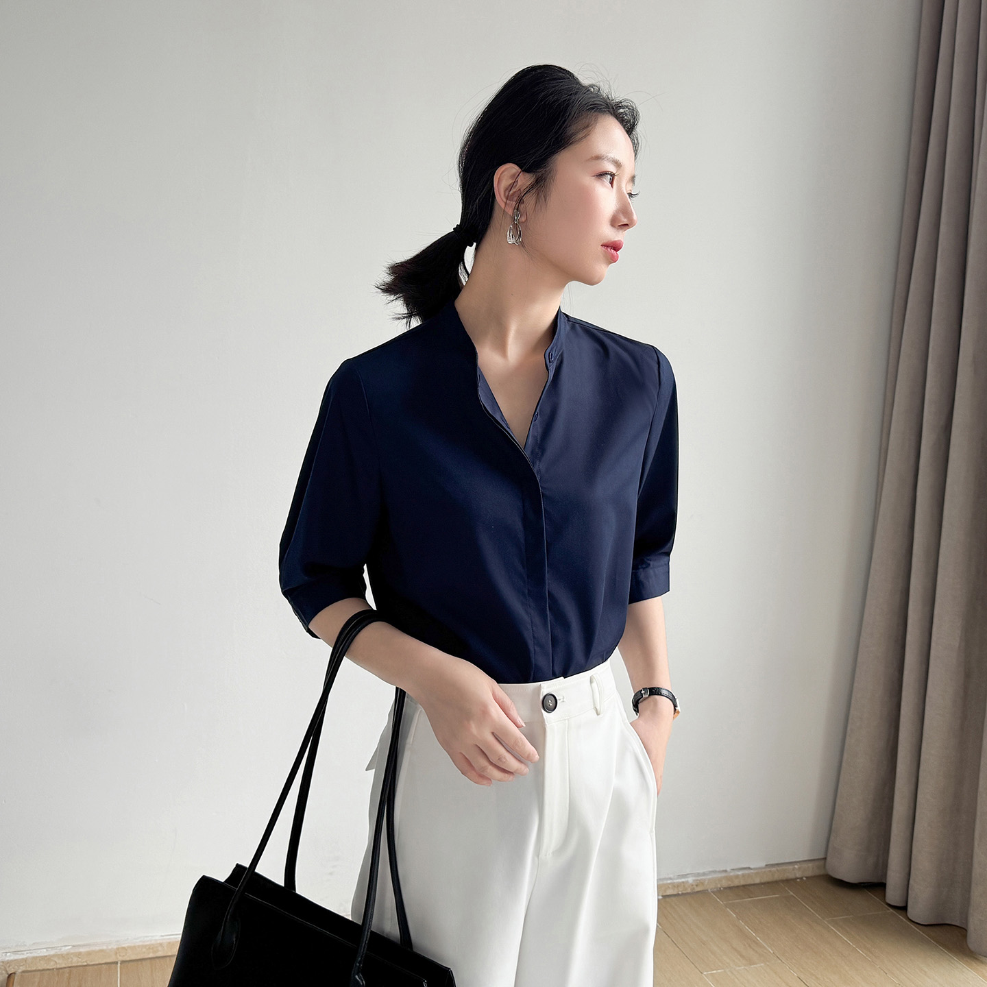 立领衬衫女高级感半袖薄款