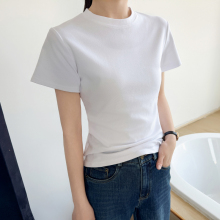 白色短袖女t恤夏2025新款正肩圆领修身显瘦棉T简约高级感短款上衣
