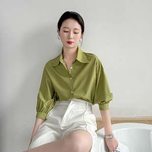 女七分袖 高端轻熟风高级感轻奢减龄洋气休闲宽松复古上衣 衬衫 中袖