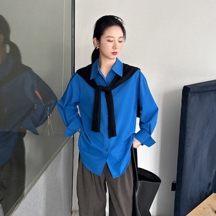 蓝色宽松衬衫女2026新款翻领休闲学院风长袖不易皱慵懒松弛感上衣