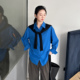 翻领休闲学院风长袖 蓝色宽松衬衫 女2026新款 不易皱慵懒松弛感上衣