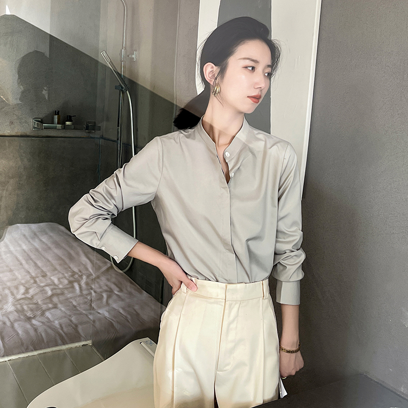 春夏高端衬衫女高级感法式通勤立领抗皱衬衣职业气质轻奢商务上衣