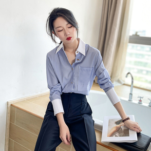 蓝色条纹衬衫女拼k接设计感小众职业气质ol通勤高级感打底衬衣春