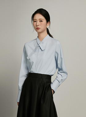 蓝色衬衫女设计感小众飘带职业气质工装长袖2025新款蝴蝶结衬衣秋