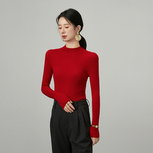 显瘦气质叠穿上衣 半高领修身 本命年红色纯羊毛无缝针织衫 女秋冬季