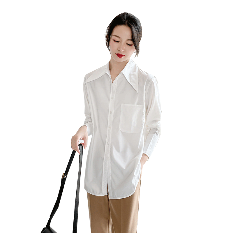 白色衬衫女设计感小众高端通勤叠穿抗皱时尚尖领法式高级感衬衣秋