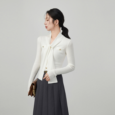 秋季白色法式飘带针织上衣女高级感v领设计感长袖气质蝴蝶结打底