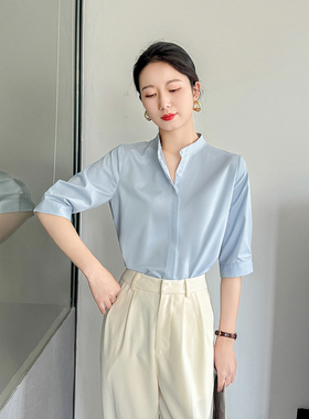 蓝色立领衬衫女夏高端抗皱职业装ol气质面试正装正肩立领中袖衬衣