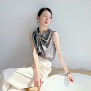 衬衫 夏款 女设计感小众高级感不规则圆领通勤轻奢醋酸缎面气质上衣