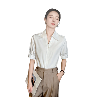 气质白衬衫女高级感抗皱夏短袖职业正装公务员面试高品质翻领上衣