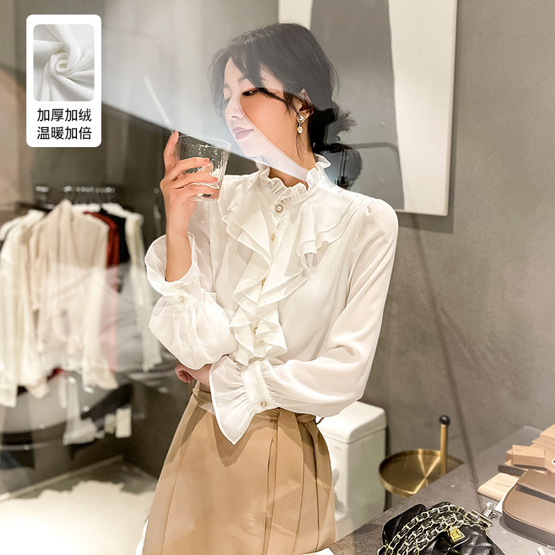 荷叶边衬衫女秋冬季洋气打底加绒加厚法式宫廷风雪纺立领花边上衣