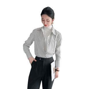 黑色条纹衬衫女秋2026新款长袖叠穿内搭正肩高级感两件套上衣轻奢