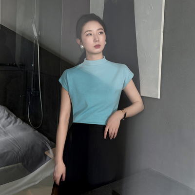 修身套头半高领短袖针织衫