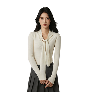 2026新款法式v领飘带针织上衣女高级感气质通勤长袖修身针织衫春
