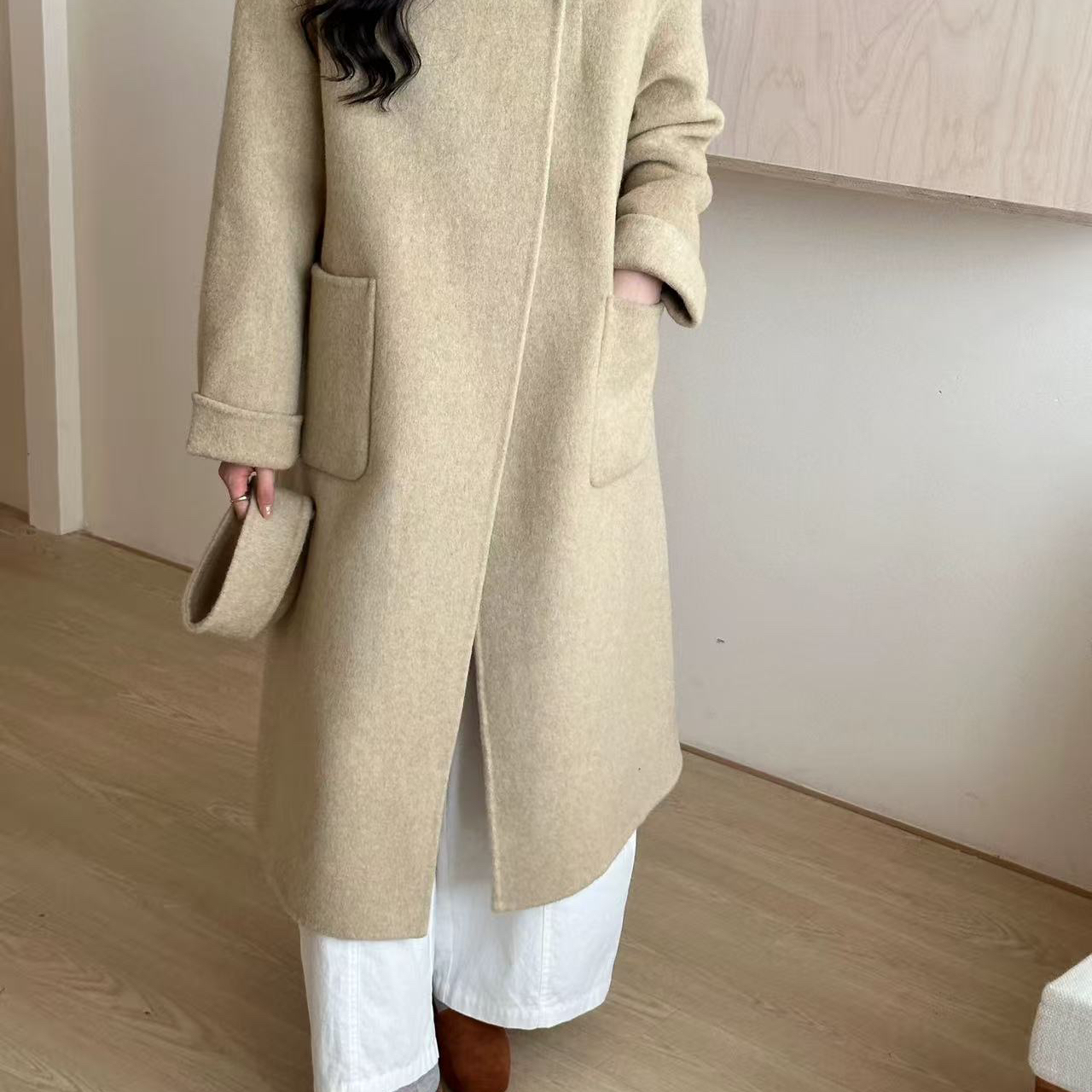 童心家龄设计感时尚宽松羊毛外套配可拆卸围巾含100澳毛n378