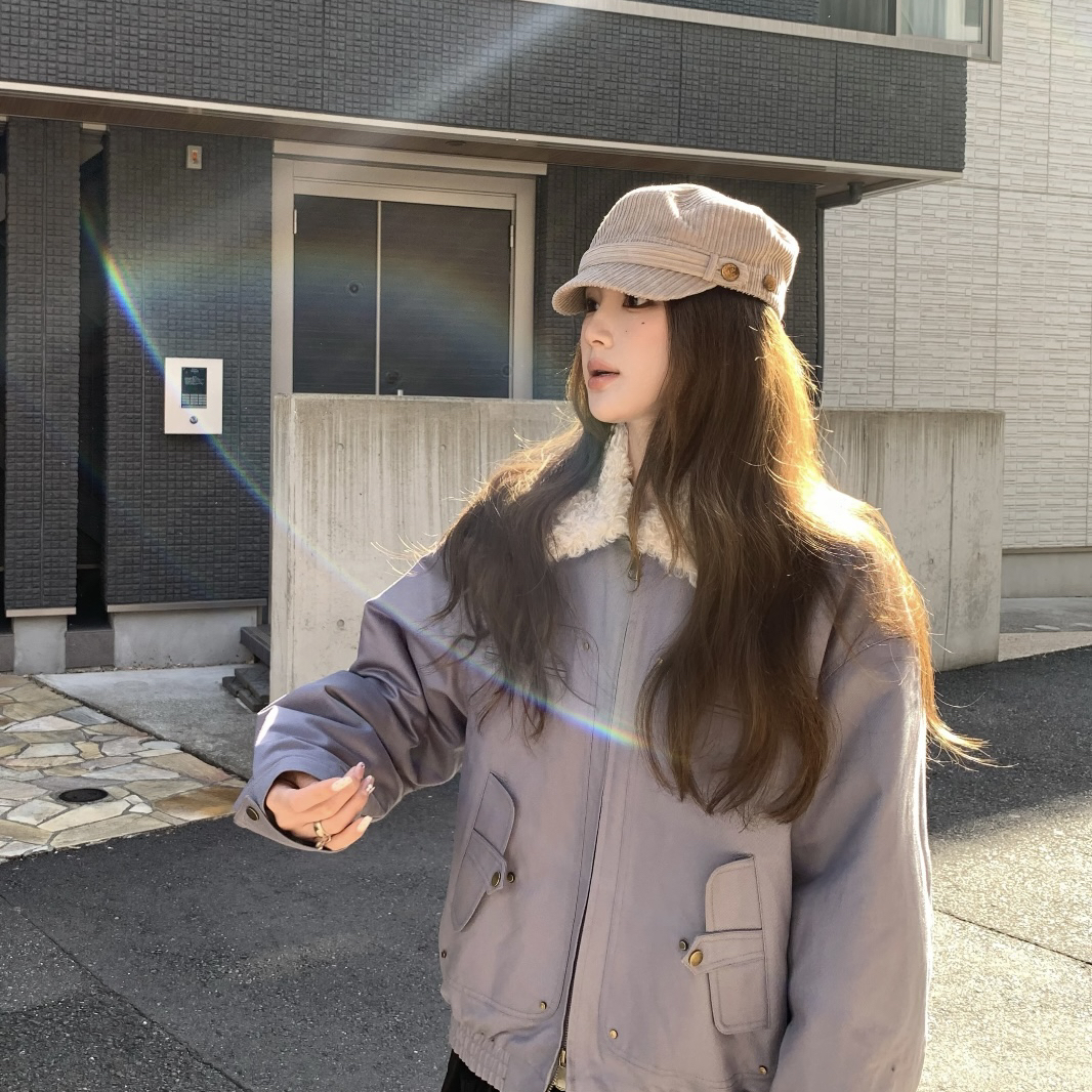 童心家恩风翻领拼接毛领口袋设计宽松加厚保暖工装短外套A19838