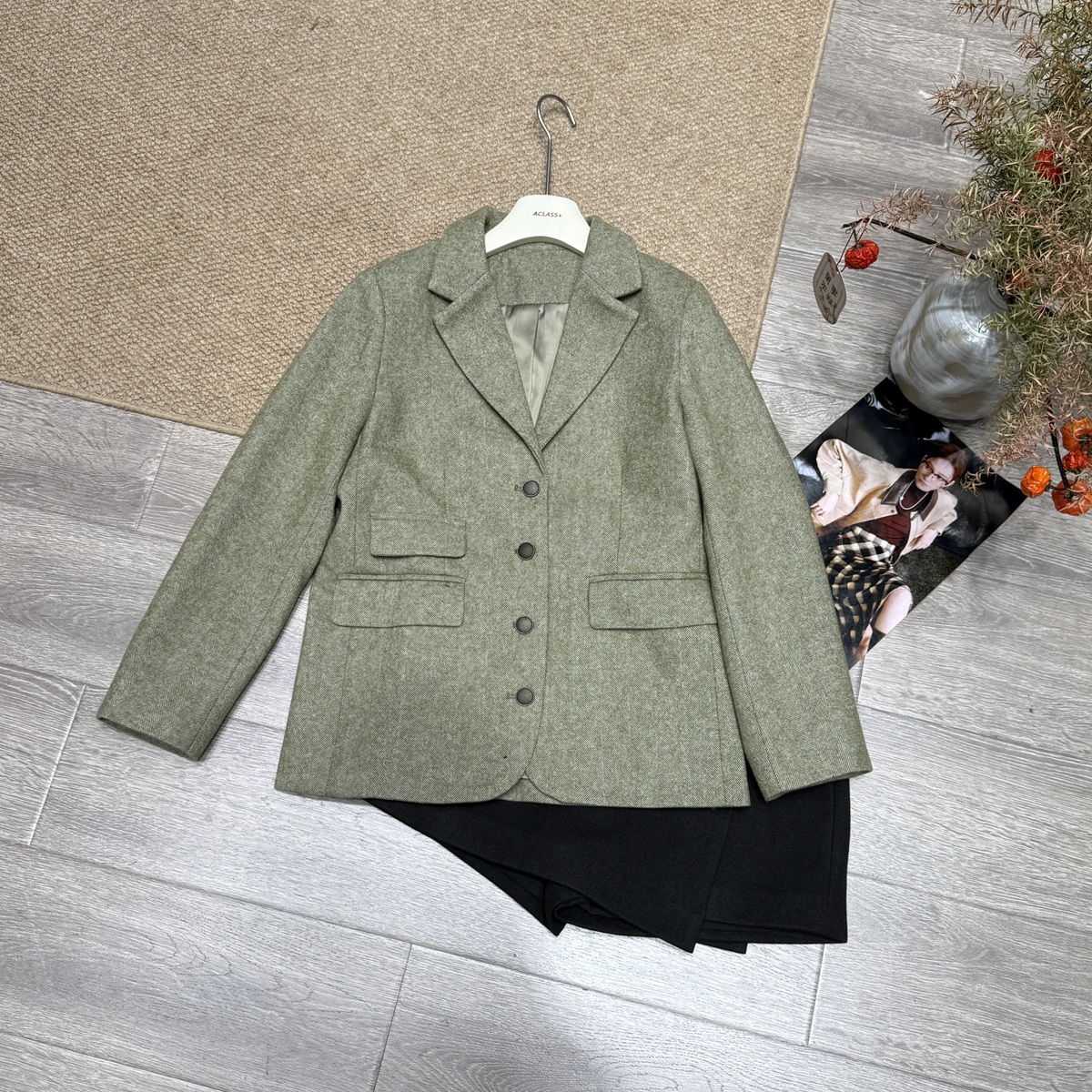 童心家级欧货定染榉木绿色精纺羊毛单排扣羊毛外套含50羊毛42325