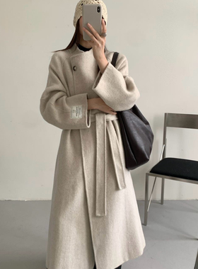 童心扣系带长款简约时尚大气羊毛外套(配腰带)（含70羊毛）68813