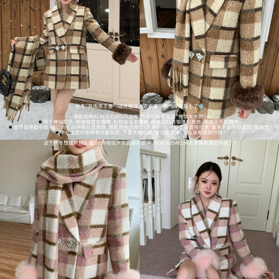 童心围巾中长款外套大衣(配围巾,袖口毛毛可拆卸)L17282