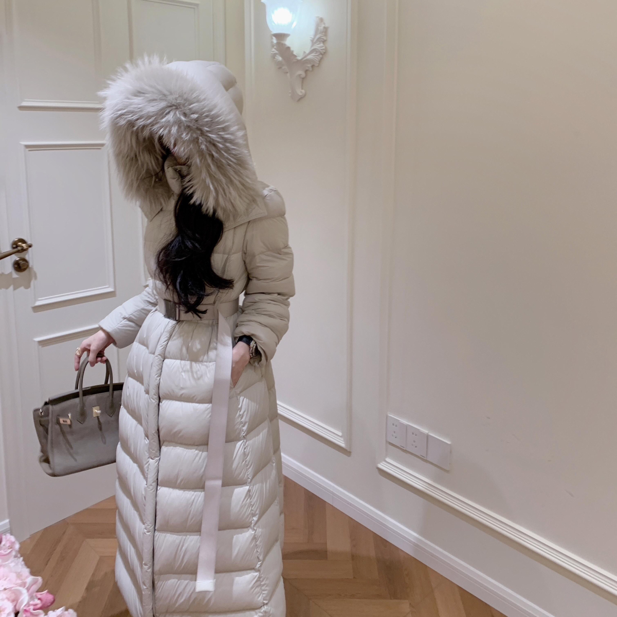 童心家款时尚保暖羽绒服外套(配可拆卸真貉子毛毛领,腰带)38666