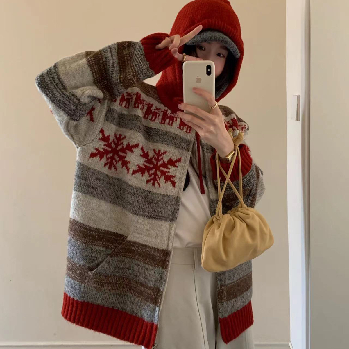 童心链复古连帽费尔岛提花气质复古厚实显瘦保暖毛衣A2023