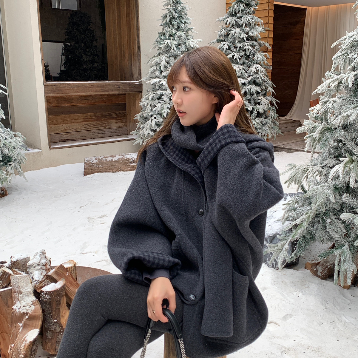 童心家斗篷连帽大衣羊毛外套(配围巾)（含70羊毛）C7056