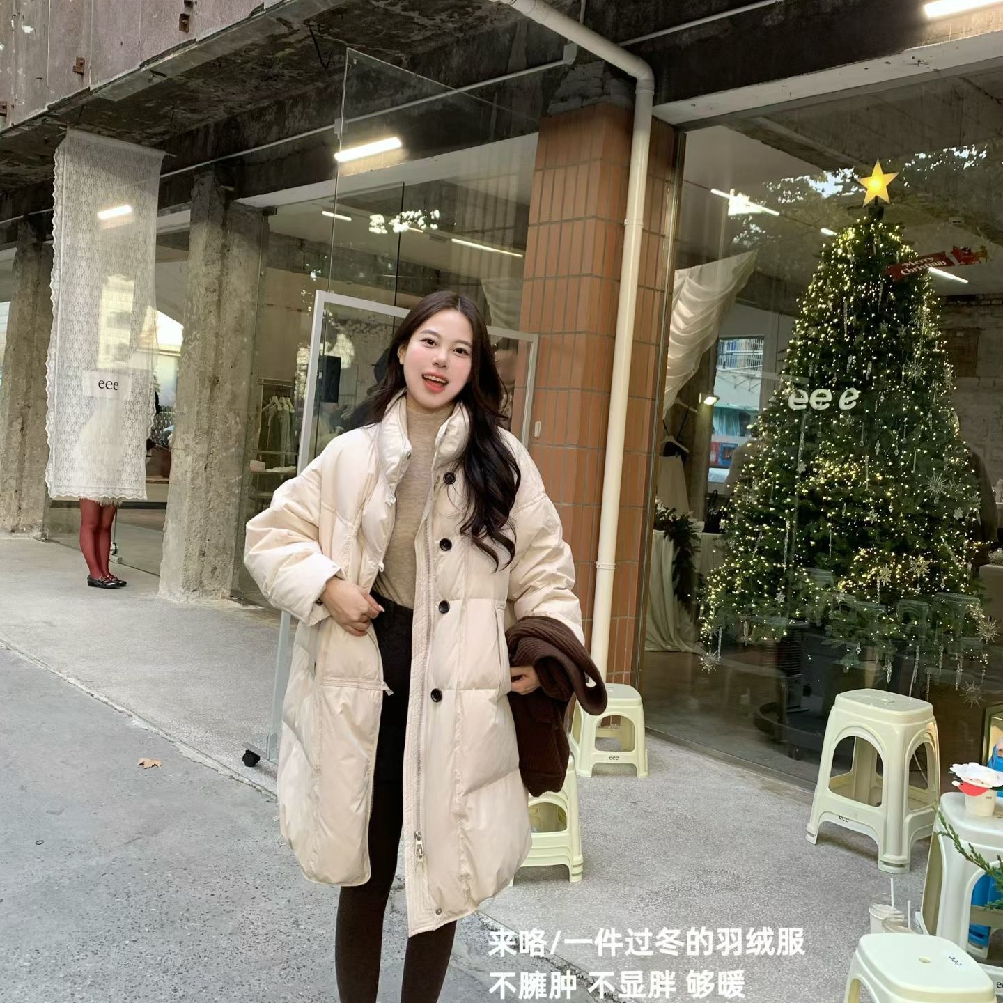 童心系新款立领设计感绗缝中长款保暖羽绒服外套(配围巾帽)f6880