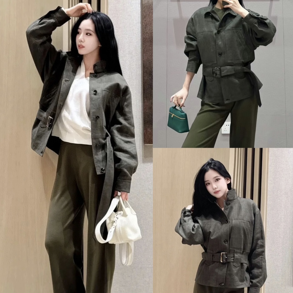 童心家冬上新高级老钱风高支亚麻定染榉木绿色短外套配腰绳42311