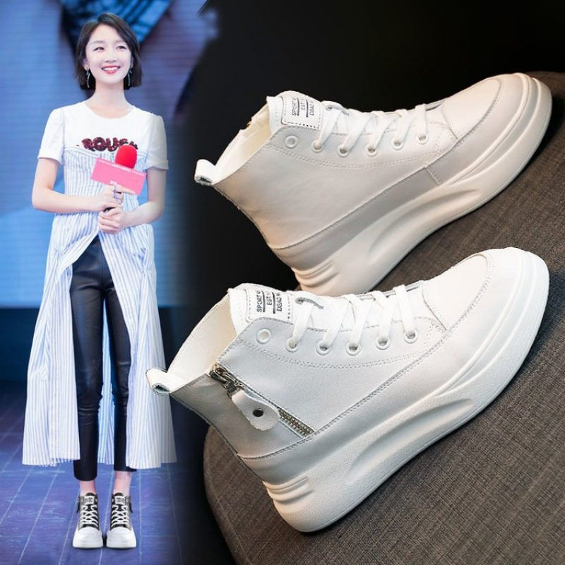 真皮高帮鞋2026春季新款高腰春款黑白休闲短靴松糕厚底内增高女鞋