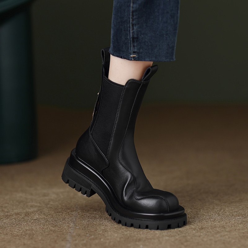 XIAOHUA 삼촌이 너무 멋져요 여성을위한  가죽 라운드 발가락 첼시 짧은 부츠 2024 가을 새로운 복고풍 두꺼운 밑창 굴뚝 부츠