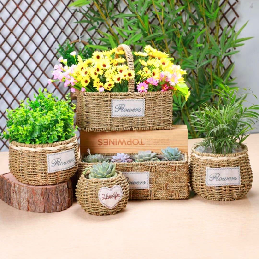 草编花篮藤编竹编创意手工编织插花干花多肉蝴蝶兰花盆手提花篮子,家居饰品,花篮,淘宝优惠券,粉丝福利购,淘宝优惠卷