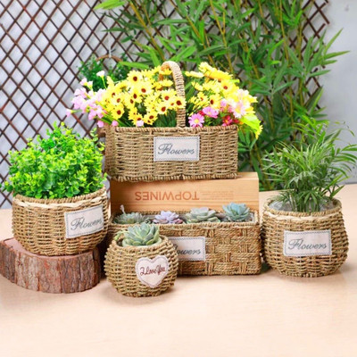 草编花篮藤编竹编创意手工编织插花干花多肉蝴蝶兰花盆手提花篮子