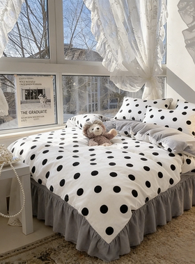 时尚波点白牛奶绒三四件套双面加厚加绒冬季床品经典复古宿舍被套