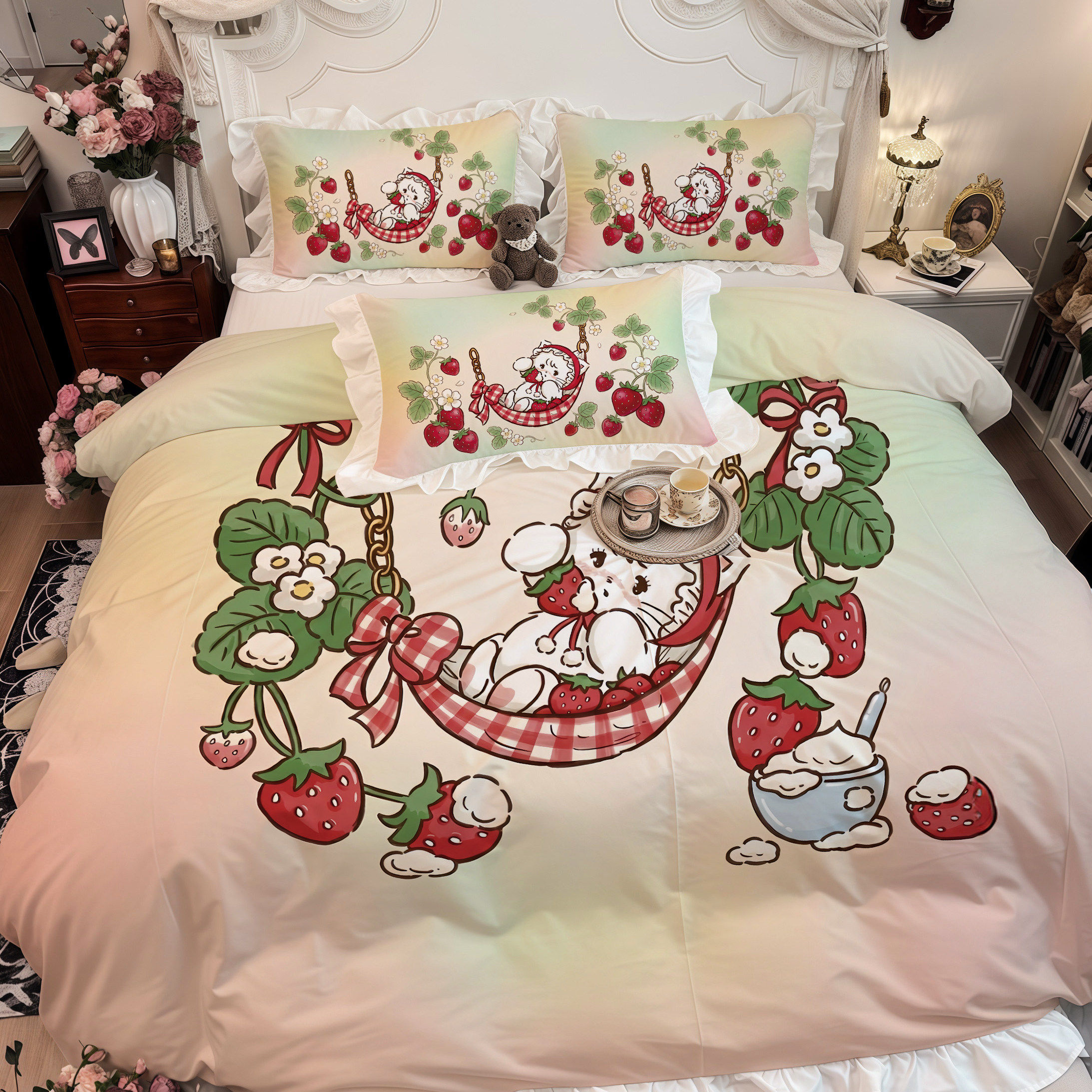 2026年春款上新~床品三四件套水洗棉荷叶边草莓慕斯被套床单床笠,床上用品,床品套件/四件套/多件套,淘宝优惠券,粉丝福利购,淘宝优惠卷