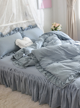 简约全棉纯棉四件套裸睡北欧风水洗棉单双人被套拼色床裙床上用品