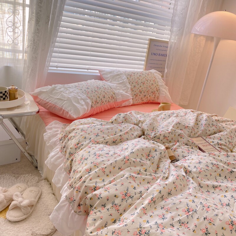 复古碎花全棉133*72斜纹荷叶花边被套纯棉床单床裙床笠款三四件套