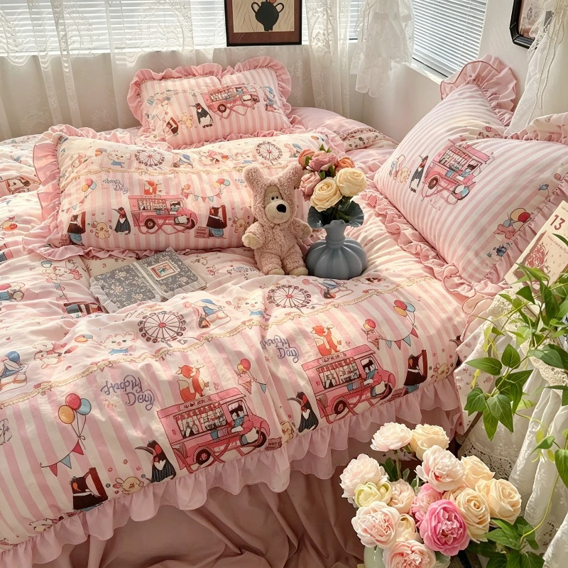 卡通游乐园印花全棉床品四件套纯棉被套可爱日系软萌妹公主风宿舍