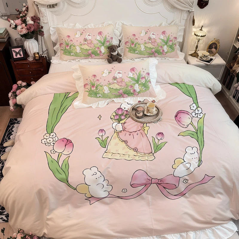 郁金香粉色床品三四件套少女心水洗棉浪漫荷叶边被套小兔床单春款