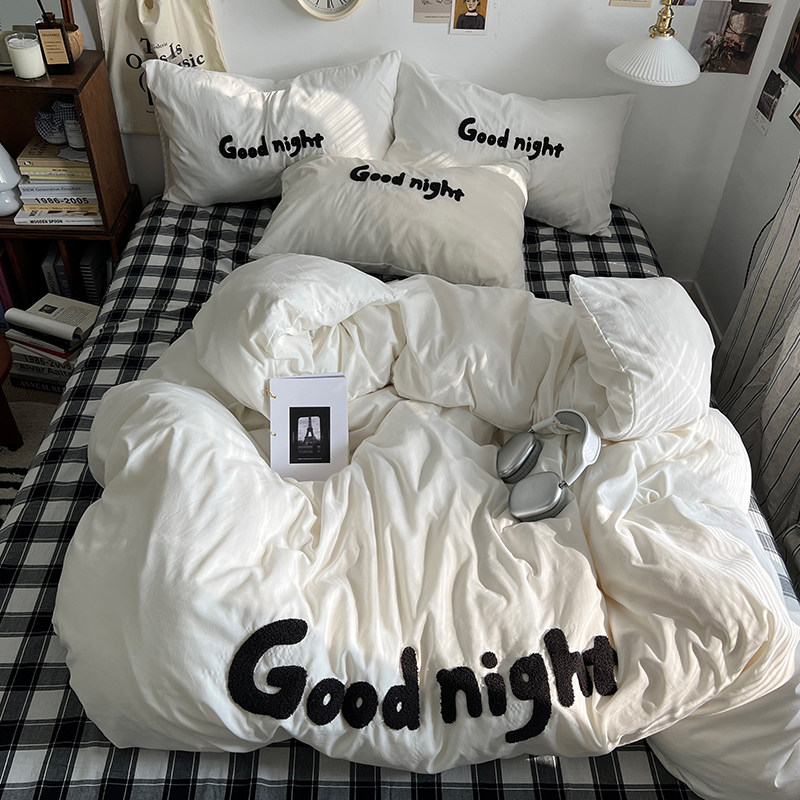 简约风水洗棉字母床上用品被套四件套学生宿舍三件套床笠床单纯色
