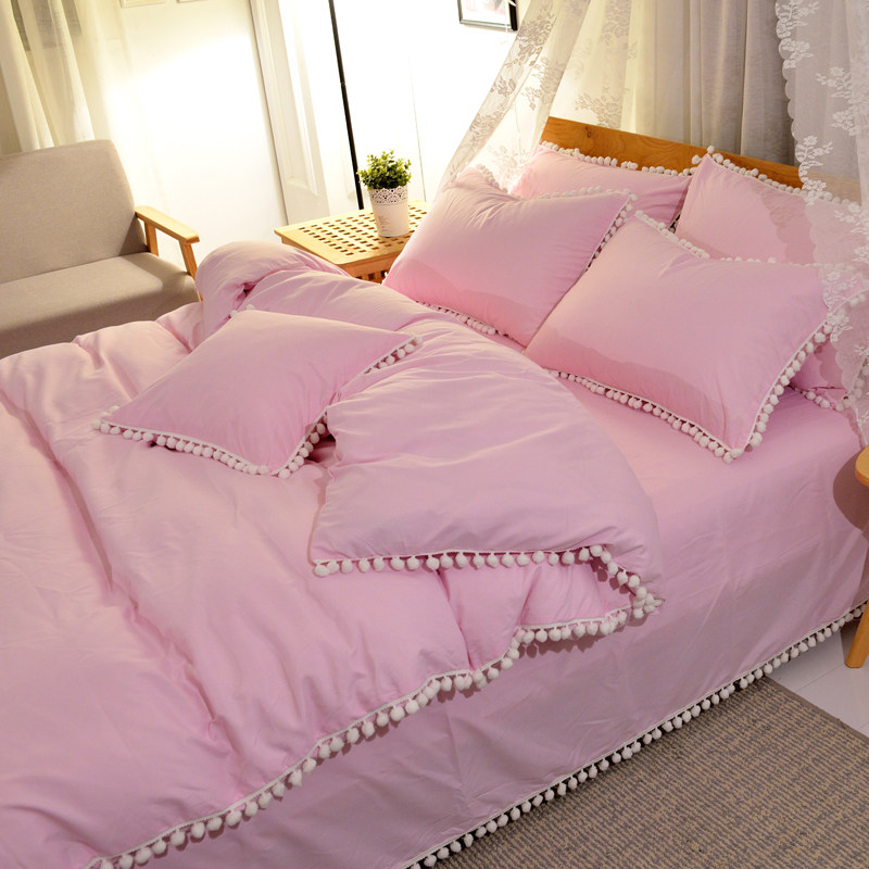 ins网红梨花毛球球绒球简约床单式被套四件套纯色1.5m/1.8米床品