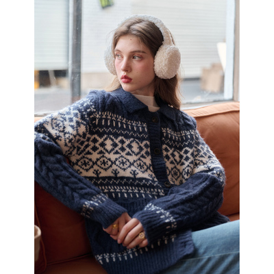 SimpleRetro波希小镇 法式拉毛翻领费尔岛针织衫女慵懒风绞花毛衣