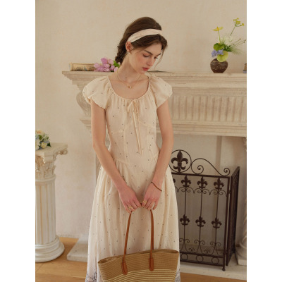 SimpleRetro波点圆舞曲 法式天丝麻波点连衣裙女气质泡泡袖长裙子