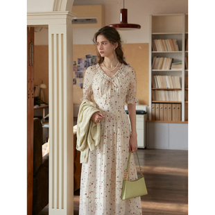SimpleRetro天丝法式小v领碎花连衣裙女高级感a字茶歇裙