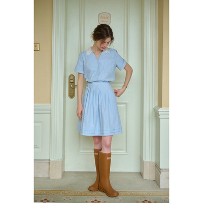 SimpleRetro蓝岸晨曦 法式文艺条纹通勤套装裙女短袖衬衫半身短裙