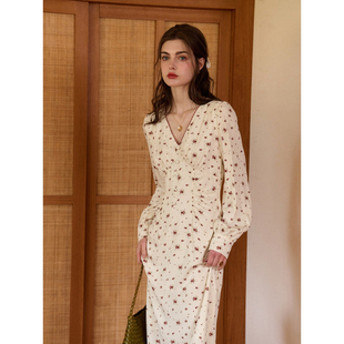 SimpleRetro花间絮语 法式人棉玫瑰碎花连衣裙女复古v领长袖a字裙